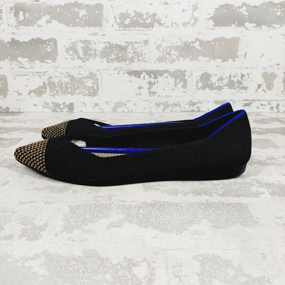 NEW Rothy's The Flat Black Knit Gold Pointy Toe Slip On Loafers F682